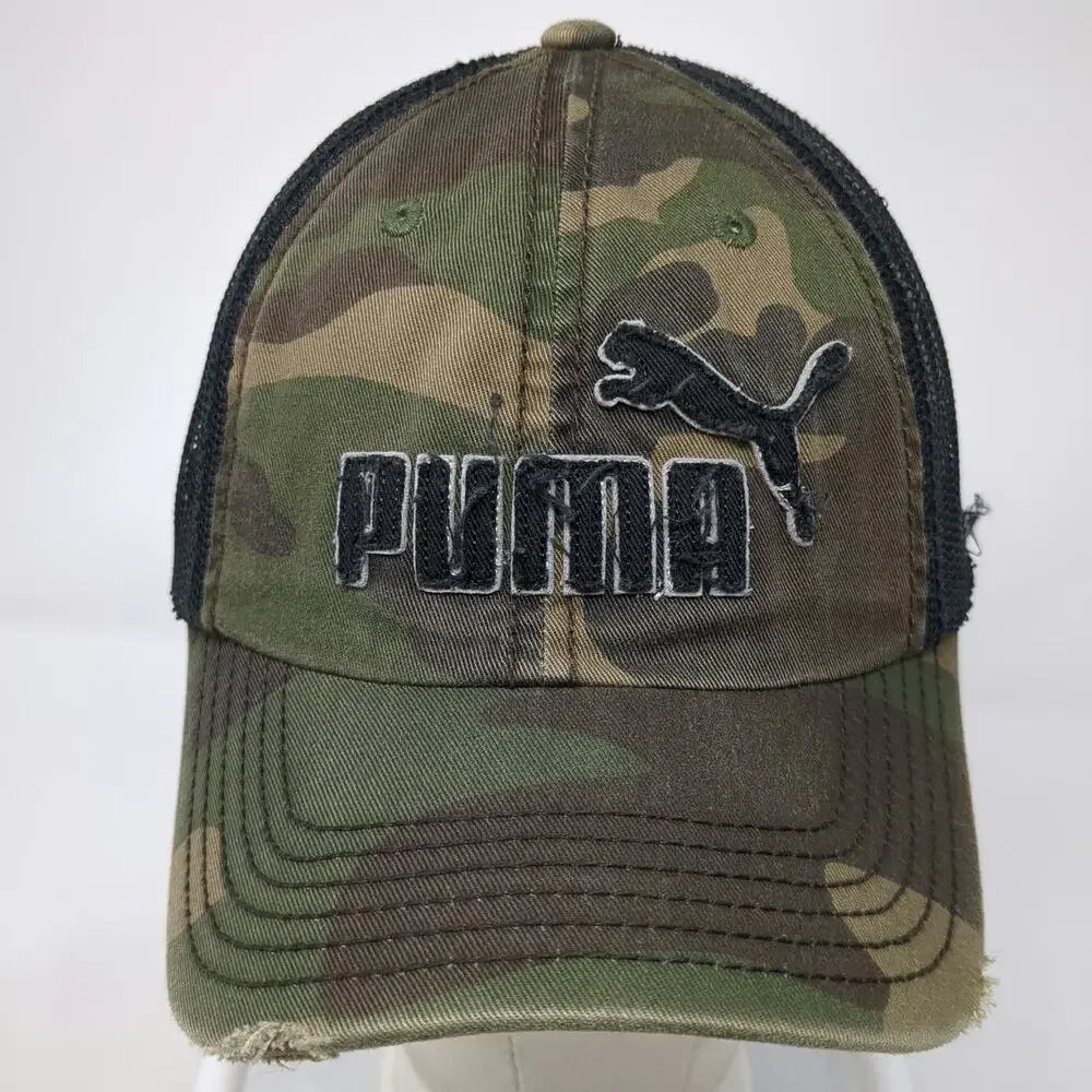 Puma Trucker Hat Green One Size Camo Mesh Snapback Distressed Logo Embroidery